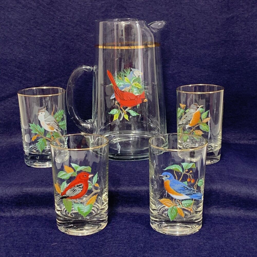 West Virginia Glass Songbirds 24 oz Pitcher & 4 Juice Glasses 4 oz  Set Vintage